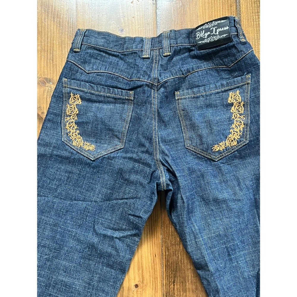 Brooklyn Xpress Mens Dark Wash Embroidered Straight Leg Denim Jeans W34 L34 - Picture 4 of 8